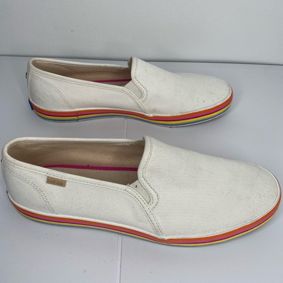 KATE Spade X Keds Double Decker Twill White Slip-On Sneakers with Rainbow Trim - Picture 6 of 13